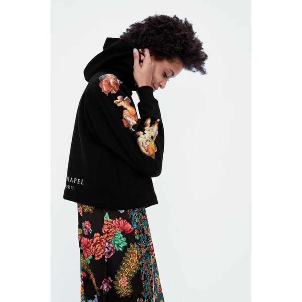 ZARA WOMAN SISTINE CHAPEL CROPPED BLACK SWEATSHIRT HOODIE SIZE MEDIUM - Picture 12 of 13